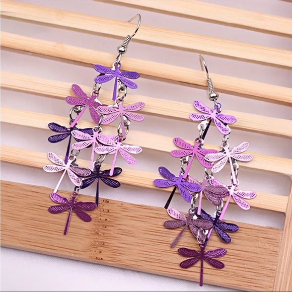Shades of Purple Dragonfly Metal Earrings Cluster of Dragonflies Springtime - Picture 2 of 3